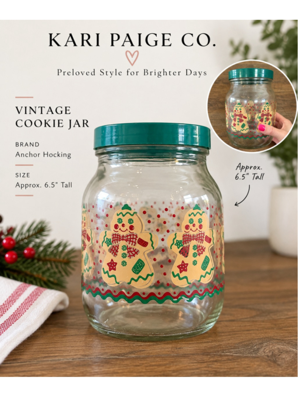 Vintage Anchor Hocking Gingerbread Cookie Jar 1980s Christmas Glass Canister